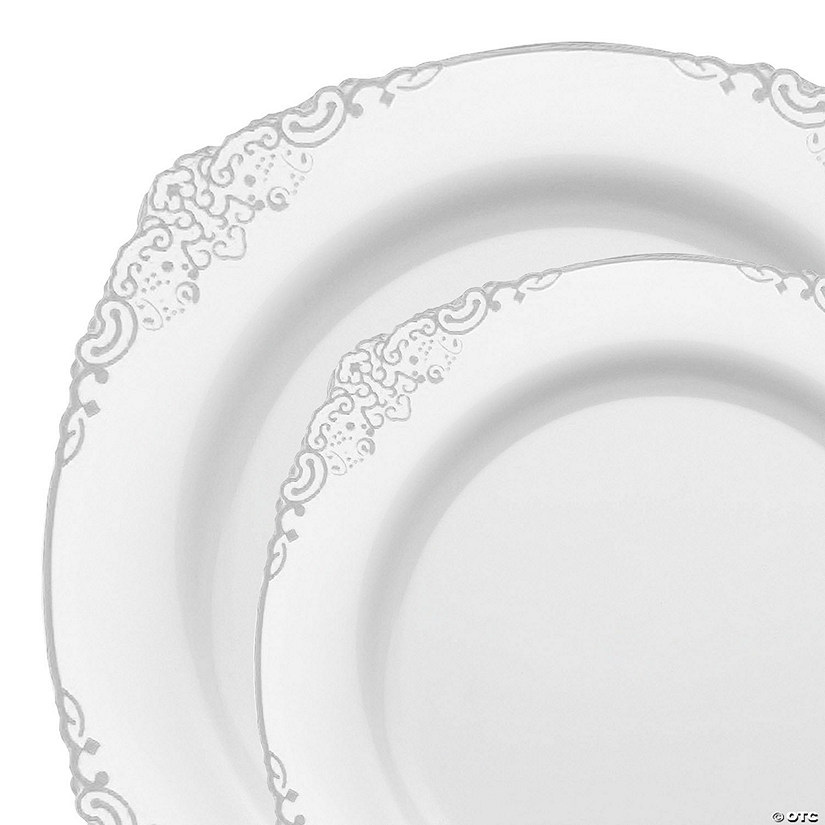 White with Silver Fancy Round Disposable Plastic Dinnerware Value Set - (40 Settings) Image