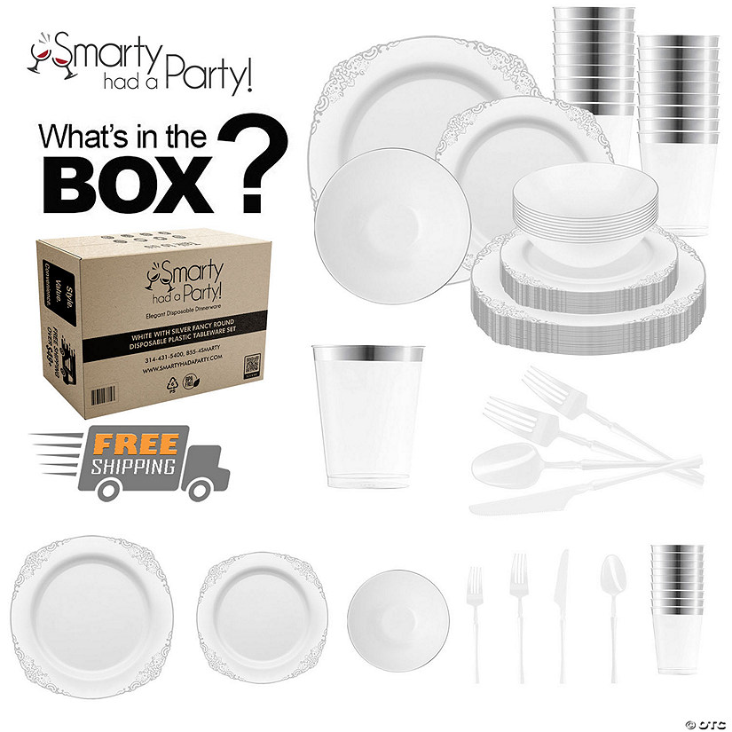 White with Silver Fancy Round Disposable Plastic Tableware Set - (60 Settings) Image