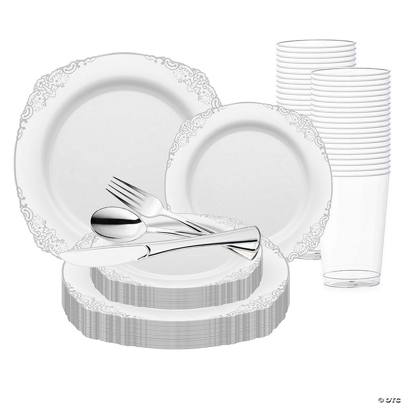White with Silver Fancy Round Disposable Plastic Wedding Value Set - (20 Settings) Image