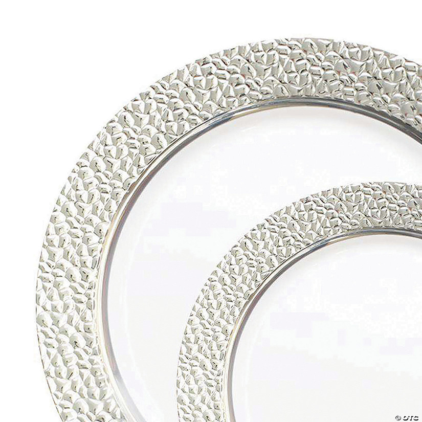 White with Silver Hammered Rim Plastic Dinnerware Value Set (120 Dinner Plates + 120 Salad Plates) Image