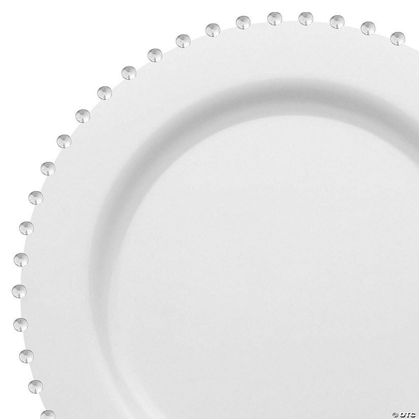 White with Silver Pearl String Round Disposable Plastic Dinner Plates (10") - (60 Plates) Image
