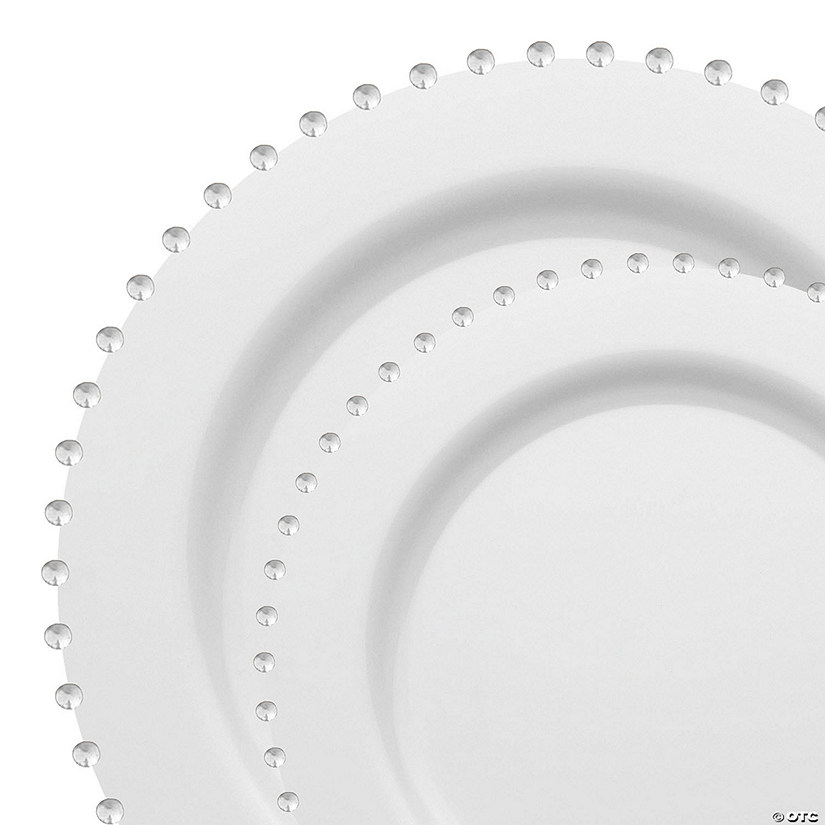 White with Silver Pearl String Round Disposable Plastic Dinnerware Value Set - (40 Settings) Image