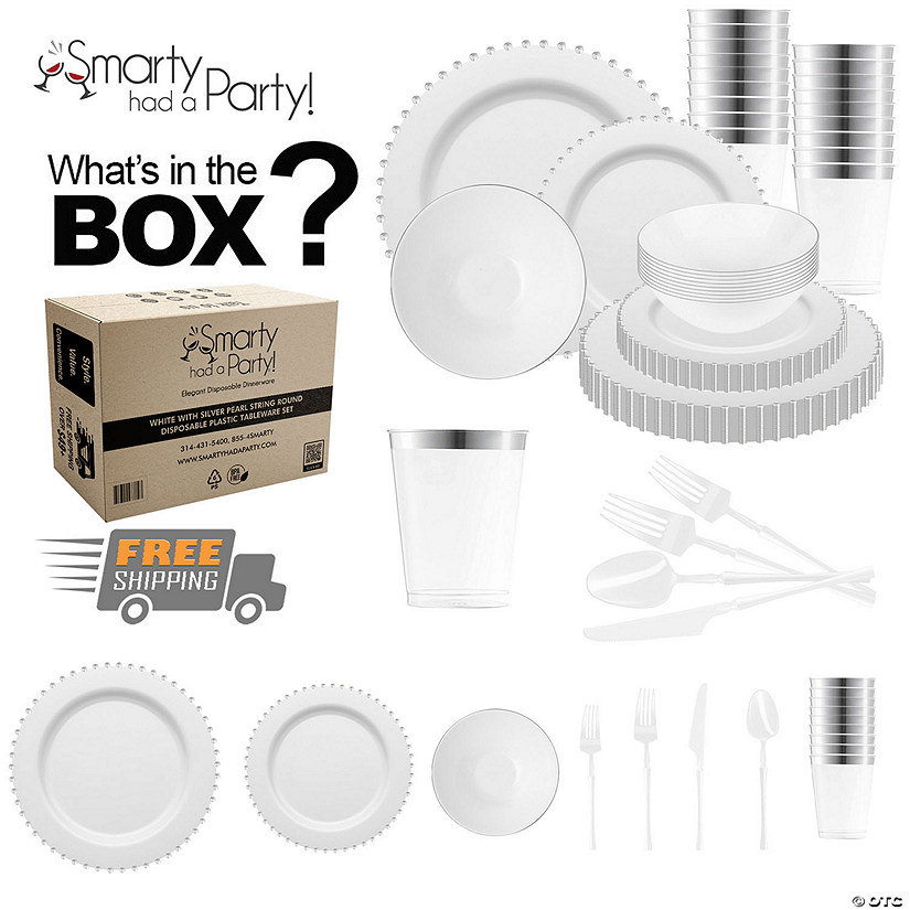White with Silver Pearl String Round Disposable Plastic Tableware Set - (60 Settings) Image