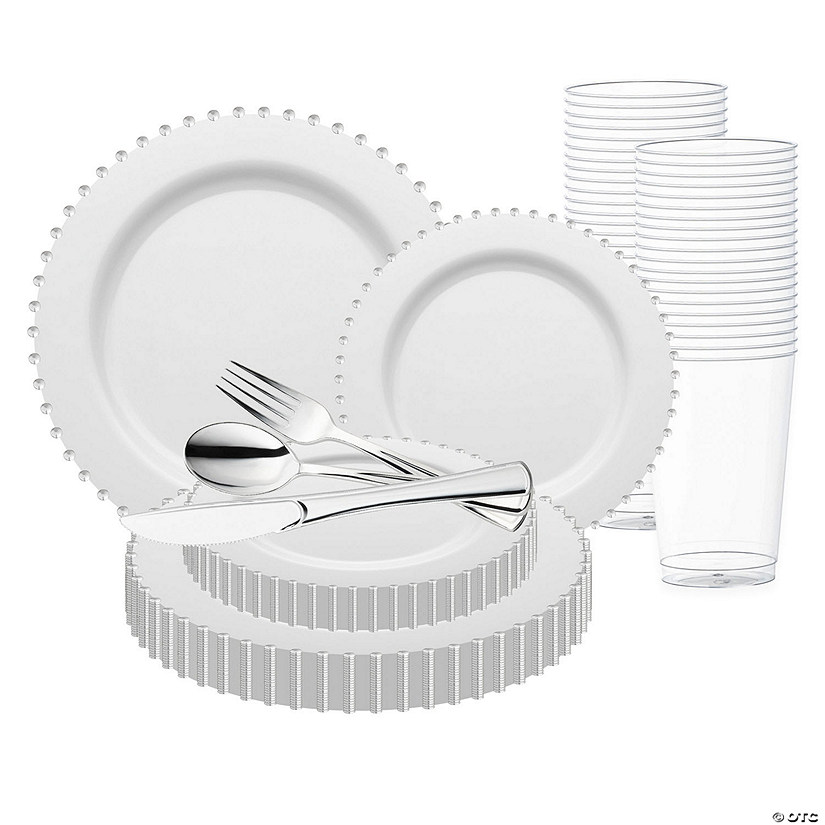 White with Silver Pearl String Round Disposable Plastic Wedding Value Set - (60 Settings) Image