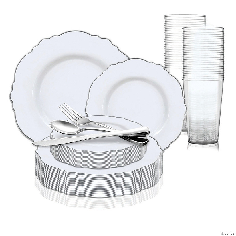 White with Silver Rim Round Blossom Disposable Plastic Dinnerware Value Set (120 Settings) Image