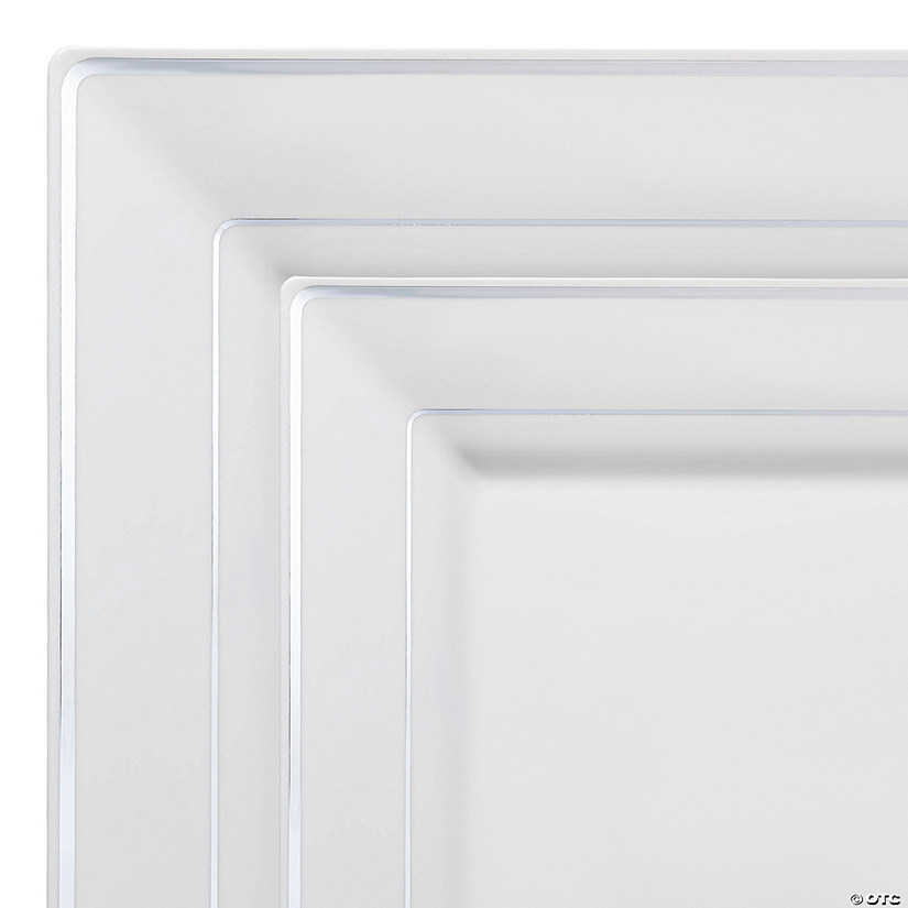 White with Silver Square Edge Rim Plastic Dinnerware Value Set 20