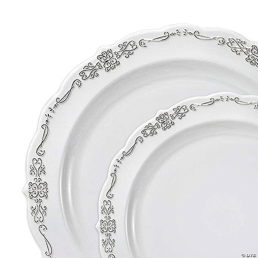 White with Silver Vintage Rim Round Disposable Plastic Dinnerware Value Set (120 Dinner Plates + 120 Salad Plates) Image