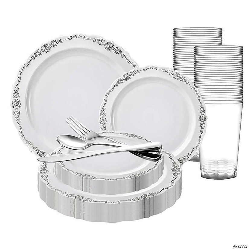 White with Silver Vintage Rim Round Disposable Plastic Dinnerware Value Set (120 Settings) Image