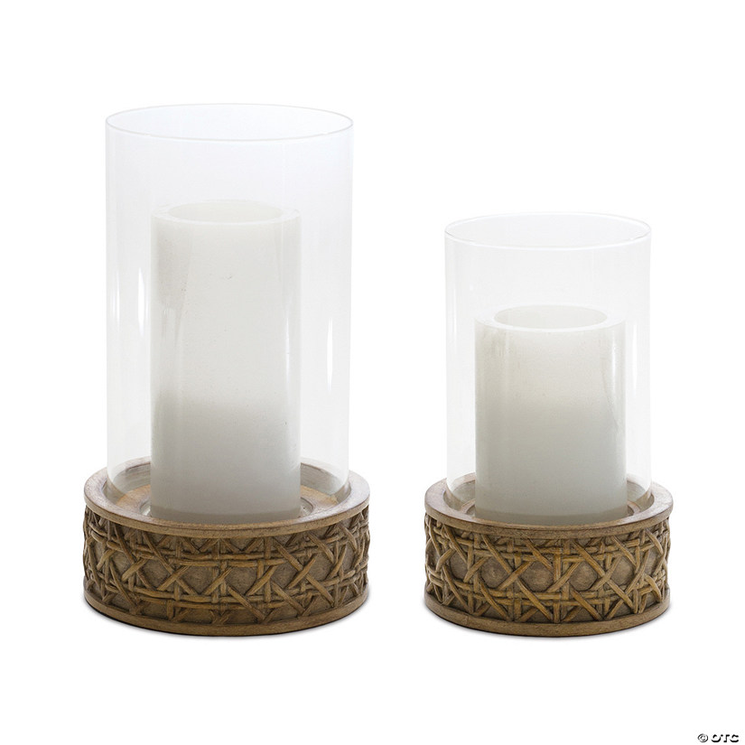 Wicker Design Candle Holder with Glass Hurricane (Set of 2) Image