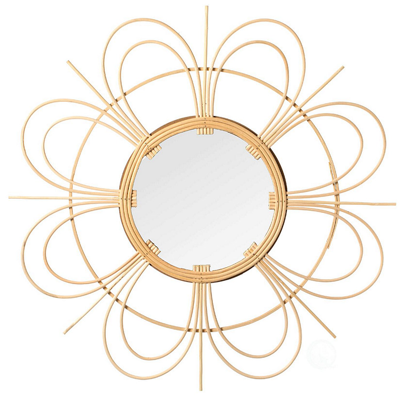 Wickerwise Decorative Flower Shape Woven Rattan Wood Round Modern Hanging Wall Mirror Image