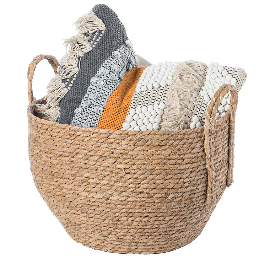 Wickerwise Decorative Round Wicker Woven Rope Storage Blanket Basket with Braided Handles - Large Image