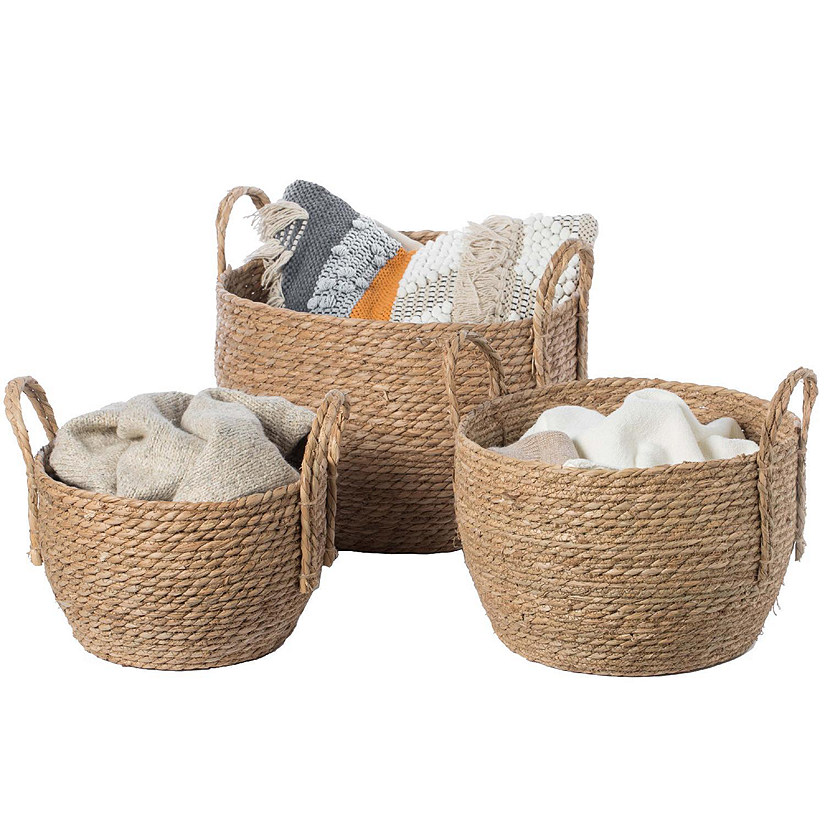 Wickerwise Decorative Round Wicker Woven Rope Storage Blanket Basket with Braided Handles - Set of 3 Image