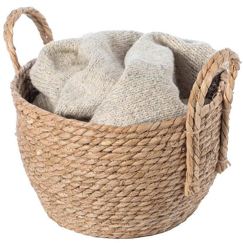 Wickerwise Decorative Round Wicker Woven Rope Storage Blanket Basket with Braided Handles - Small Image