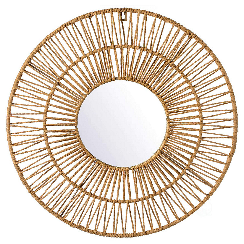 Wickerwise Decorative Woven Paper Rope Round Shape Bamboo Wood Modern Hanging Wall Mirror Image
