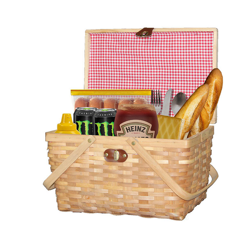 Wickerwise Gingham Lined Woodchip Picnic Basket With Lid and Movable Handles Image