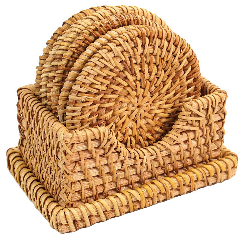 Wickerwise Honey Brown Set of 6 Round Natural Rattan Placemats with Rectangular Holder Image