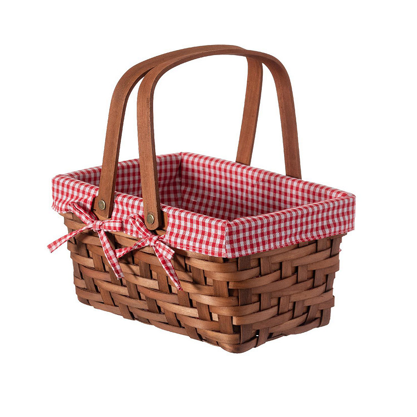 Wickerwise Small Rectangular Woodchip Picnic Baskets with Double Folding Handles, Natural Hand-Woven Basket Lined with Gingham Red and White Lining Image