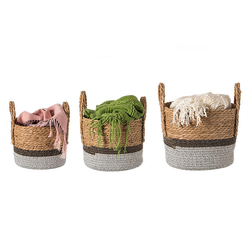 Wickerwise Straw Decorative Round Storage Basket Set of 3 with Woven Handles for the Playroom, Bedroom, and Living Room Image