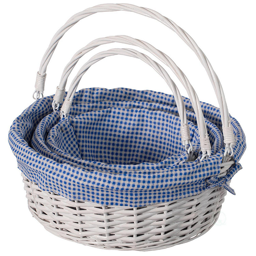 Wickerwise Traditional White Round Willow Gift Basket with Blue and White Gingham Liner and Sturdy Foldable Handles, Food Snacks Storage Basket, Set of 3 Image