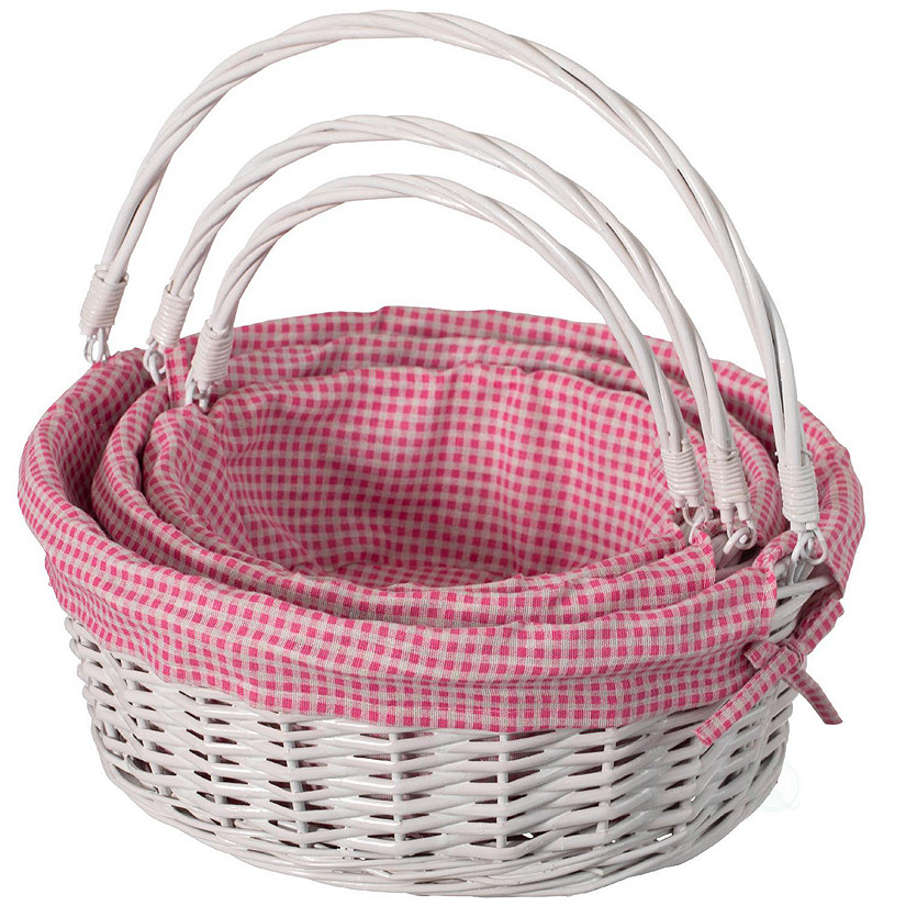 Wickerwise Traditional White Round Willow Gift Basket with Pink and White Gingham Liner and Sturdy Foldable Handles, Food Snacks Storage Basket, Set of 3 Image