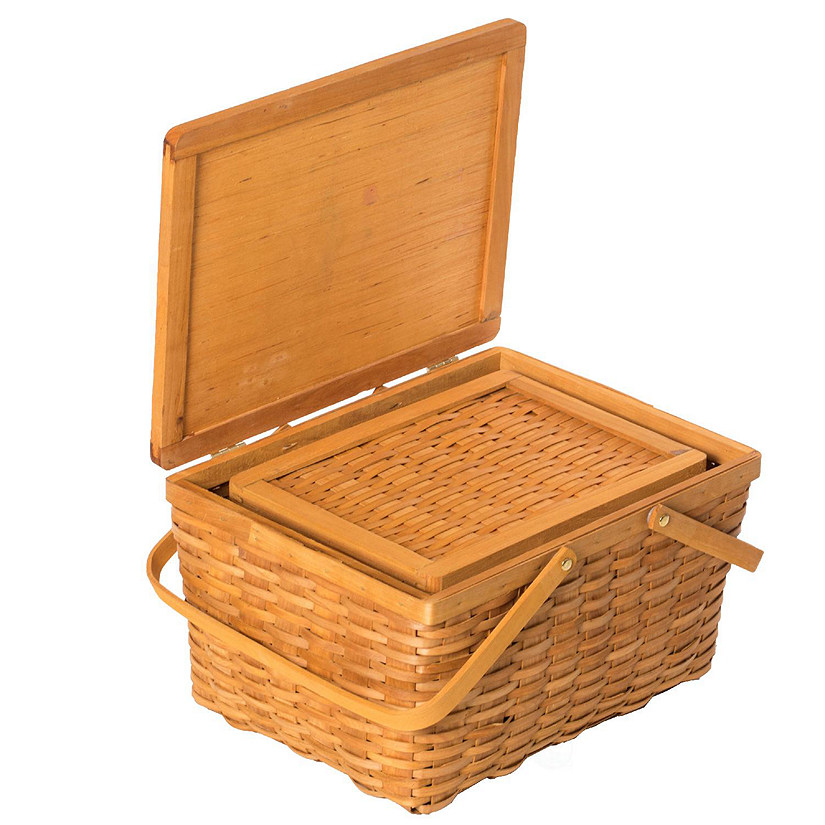 Wickerwise Woodchip Picnic Storage Basket with Cover and Movable Handles, Set of 2 Image
