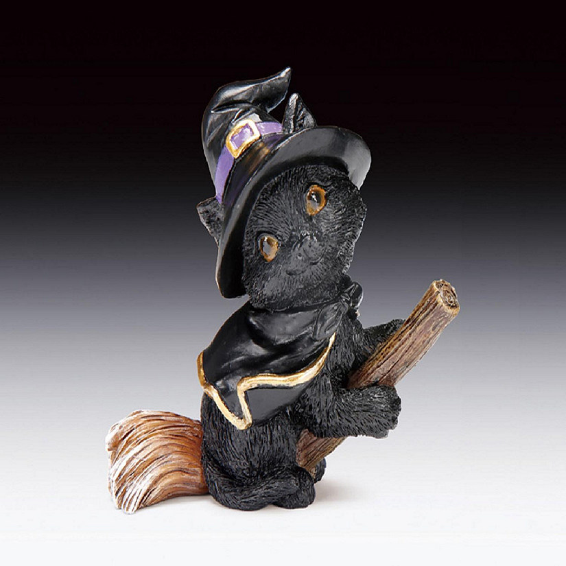 Witch Cat Riding Broom with Black Cape Figurine 3.7 Inch Image