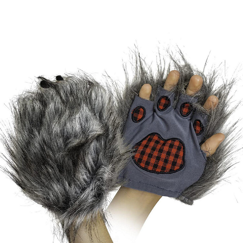 Wolf Paw Costume Gloves - Grey Hairy Werewolf Claw Cuffs Hands Monster Animal Hand Paws Costume Accessories for Kids and Adults Image