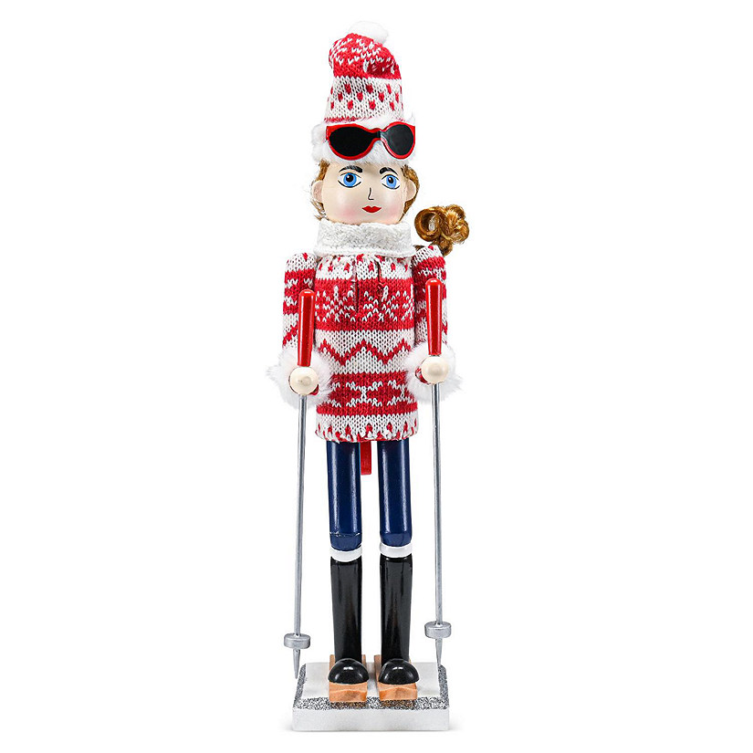 Woman Skier Nutcracker  Red and White Wooden Nutcracker Woman with Ugly Sweater and Ski Sticks Image