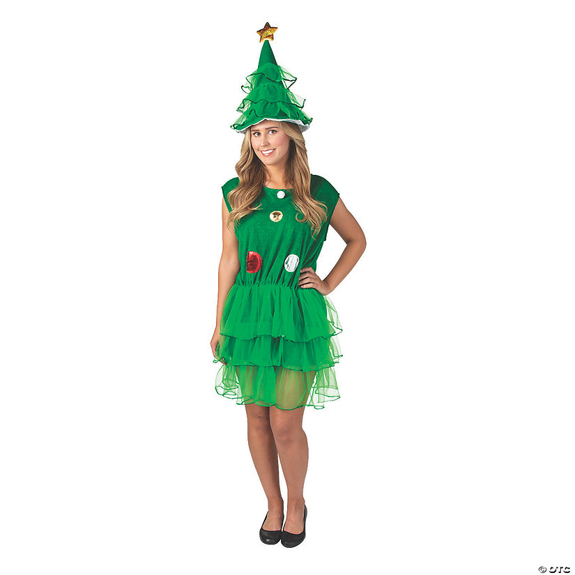 Women&#8217;s Christmas Tree Dress and Hat Costume Image