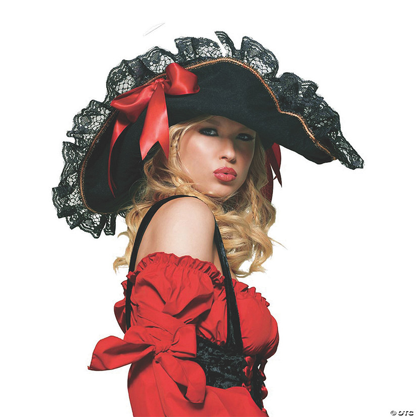 Women's Black Swashbuckler Hat with Lace & Red Ribbon Image