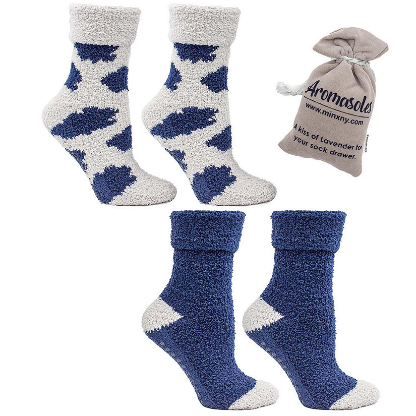 Women's Non-Skid Warm Soft and Fuzzy Lavender Infused 2-Pair Pack Slipper Socks with Lavender Sachet Gift, Clouds, Shadow Blue Image