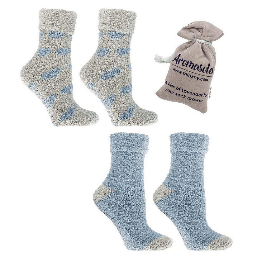 Women's Non-Skid Warm Soft and Fuzzy Lavender Infused 2-Pair Pack Slipper  Socks with Lavender Sachet Gift, Hearts, Grey & Ballad Blue