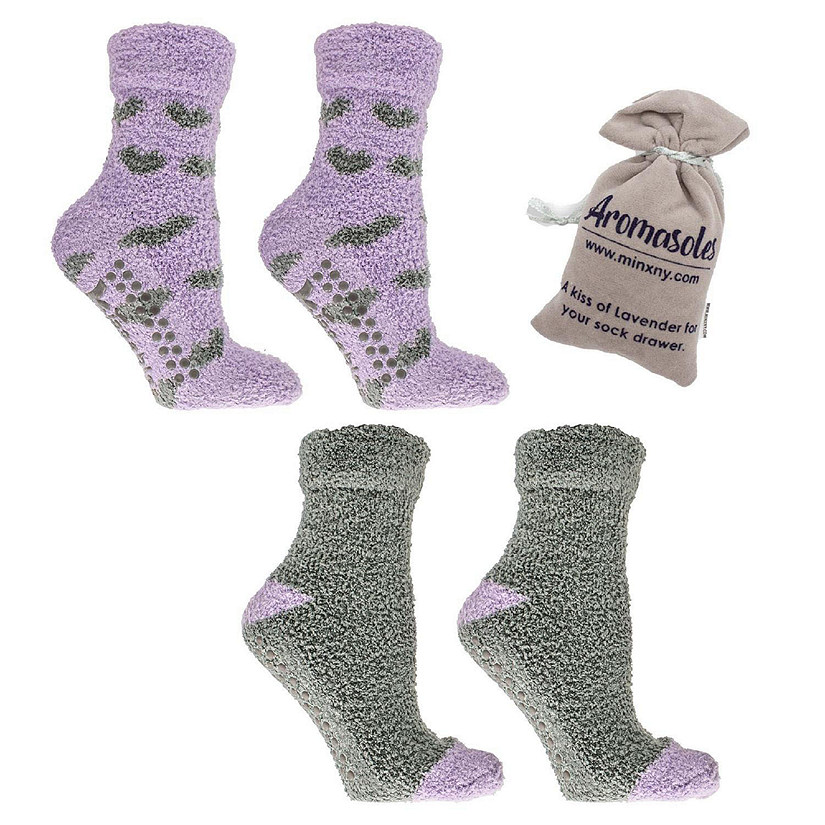Women's Non-Skid Warm Soft and Fuzzy Lavender Infused 2-Pair Pack Slipper Socks with Lavender Sachet Gift, Hearts, Grey & Periwinkle Image