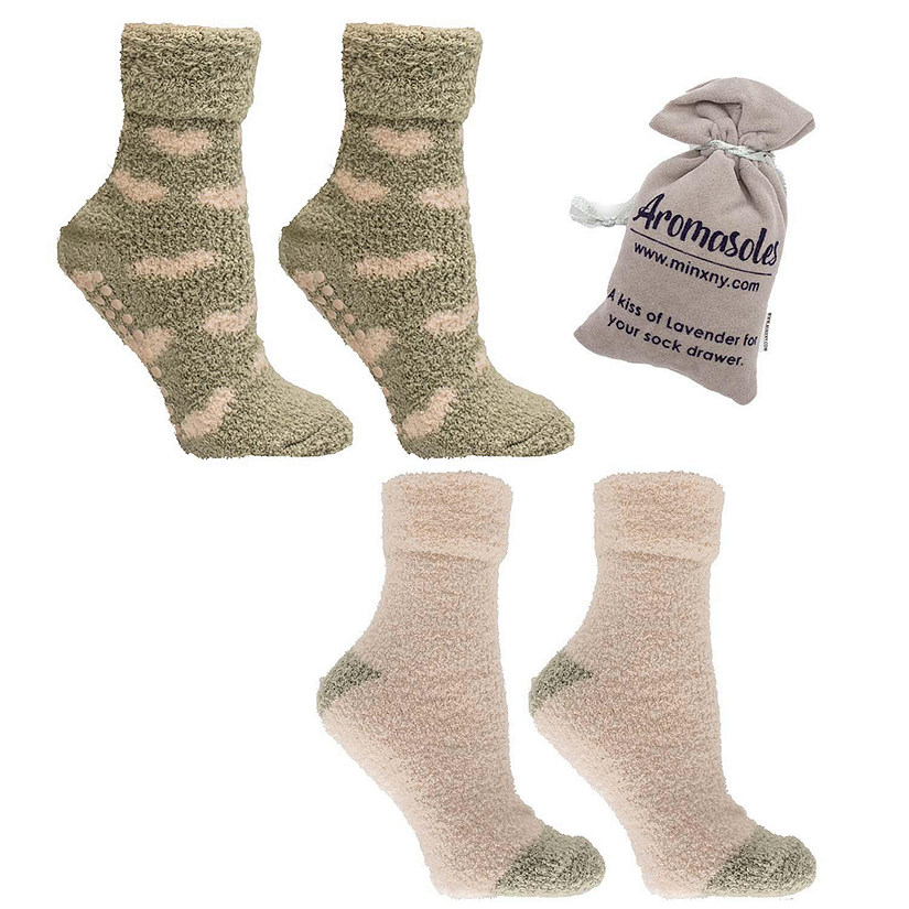 Women's Non-Skid Warm Soft and Fuzzy Lavender Infused 2-Pair Pack Slipper Socks with Lavender Sachet Gift, Hearts, Pink & Tan Image