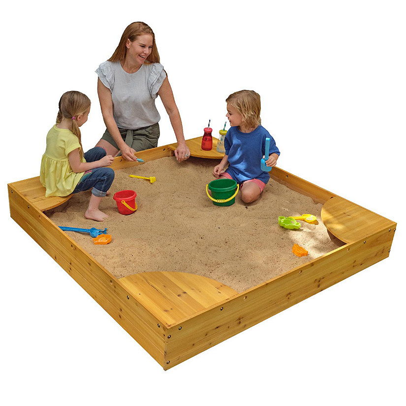 Wooden Backyard Sandbox with Built-in Corner Seating and Mesh Cover, Honey Image