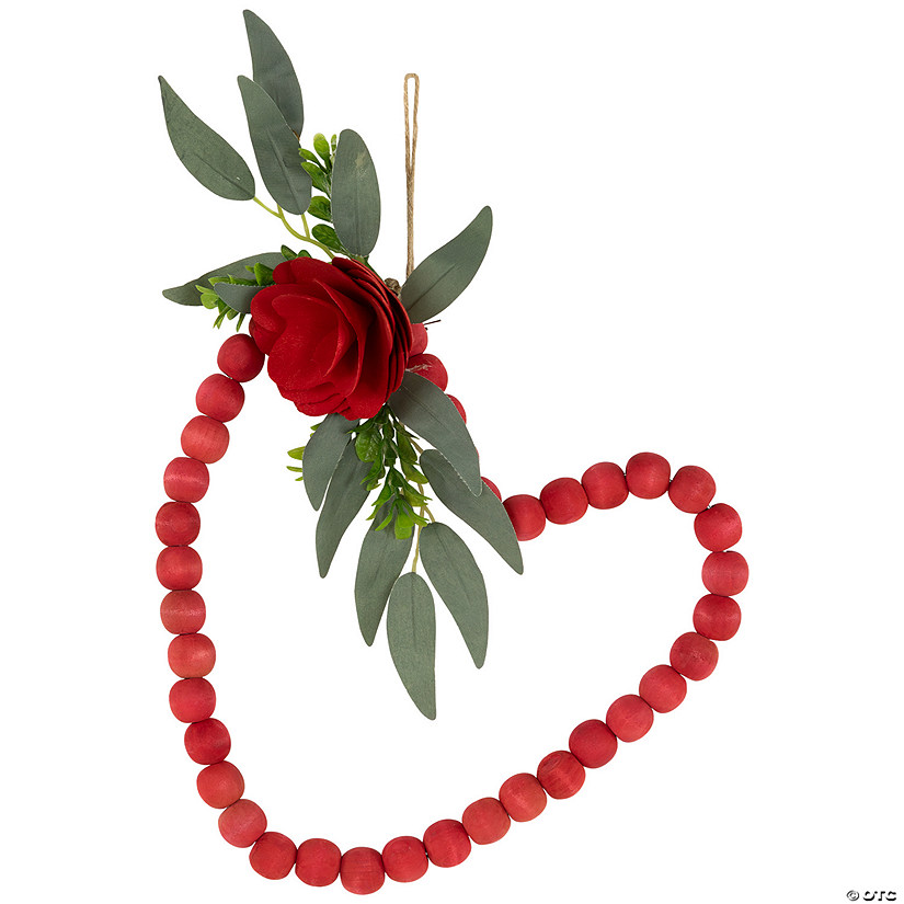 Wooden Beads with Rose Valentine's Day Heart Wall Decoration - 10.25" - Red Image