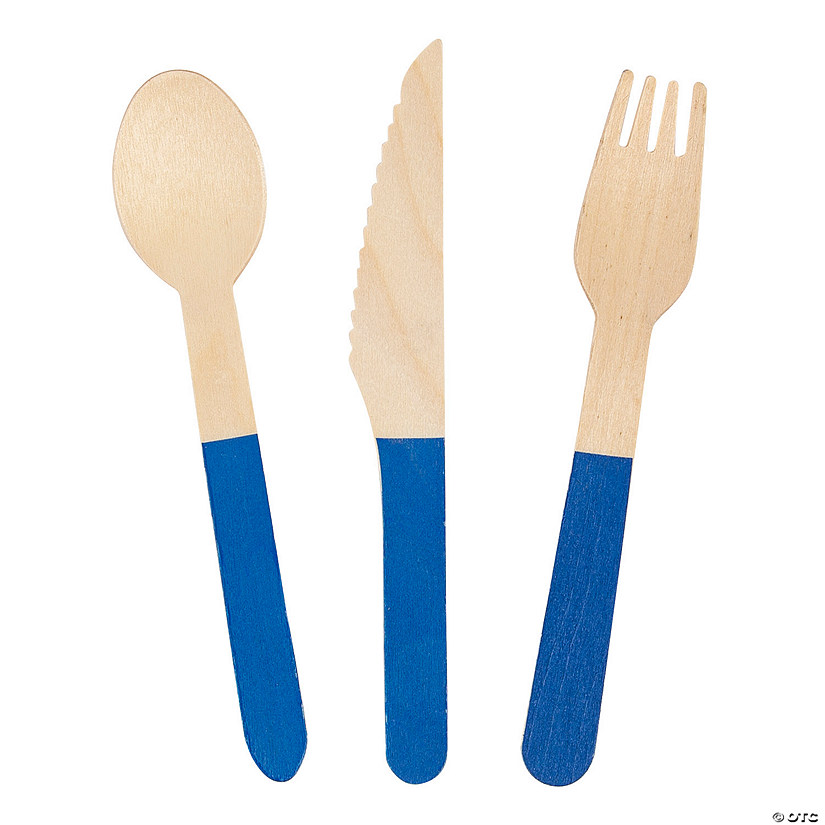 Wooden Cutlery Set with Blue Handles - 24 Pc. Image