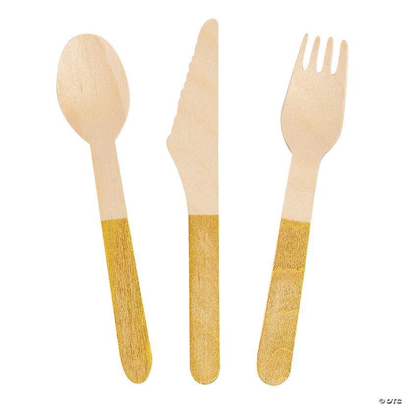 Wooden Cutlery Set with Gold Handles - 24 Pc. Image