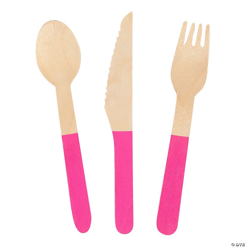 Wooden Cutlery Set with Pink Handles - 24 Pc. Image
