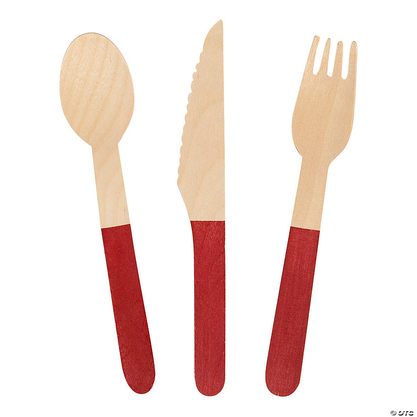 Wooden Cutlery Set with Red Handles - 24 Pc. Image