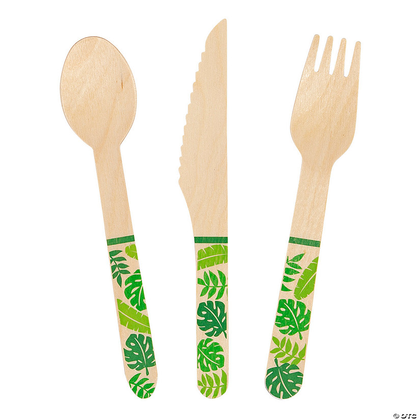 Wooden Cutlery Set with Tropical Leaf Design Handles - 24 Pc. Image