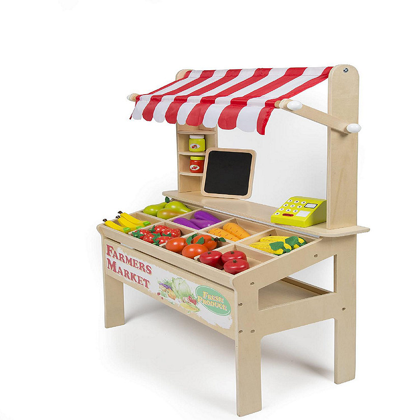 Wooden Farmers Market Stand - Kid's Playroom Furniture, Grocery Stand for Pretend Play (30+ Pieces) - Includes Fruit, Veggies, Chalkboard, and Cash Register, Fu Image