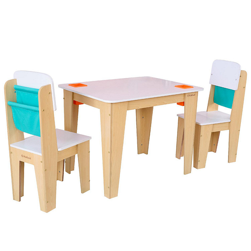 Wooden Pocket Storage Table and 2 Chair Furniture Set, Natural Image