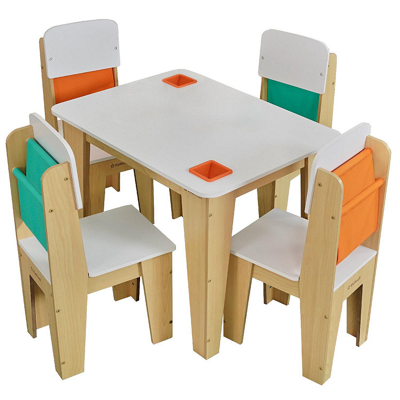 Wooden Pocket Storage Table and 4 Chair Furniture Set, Natural Image