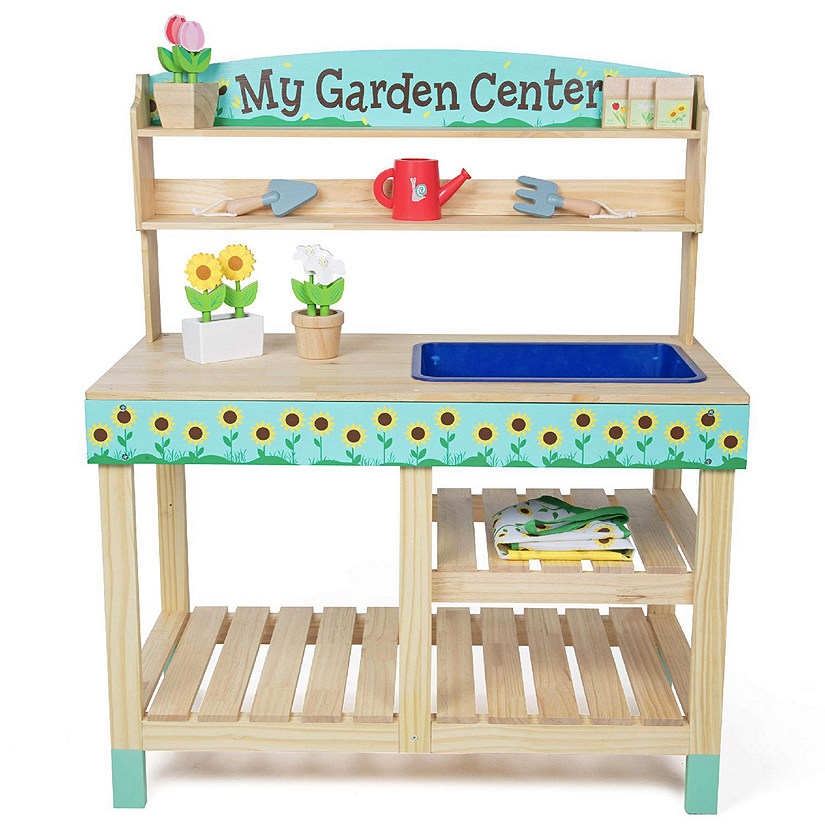 Wooden Toy Gardening Center Indoor Playset - 22 Pc Garden Set w Flowers, Seed Packets, Pots, Shovel, Rake, Apron, Watering Pot- Great Interactive and Fun Playti Image