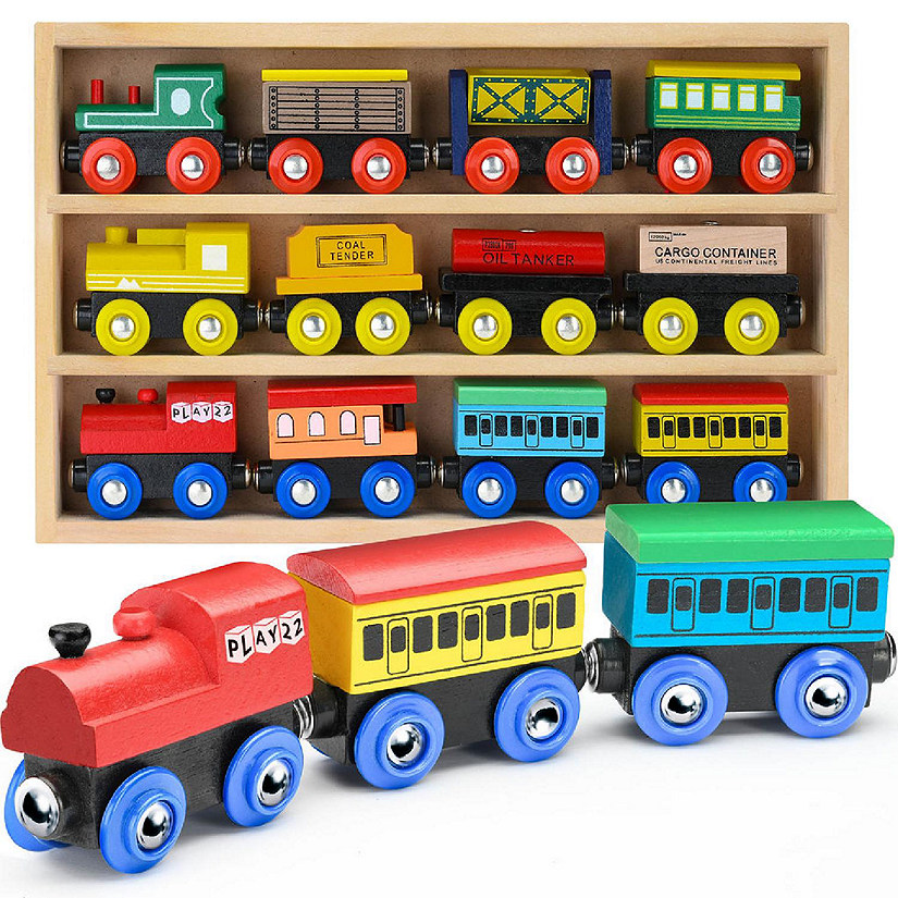 Wooden Train Set 12 PCS - Wooden Track Train Toys for Toddlers - Magnetic Train Cars Set Compatible with Major Brands Image