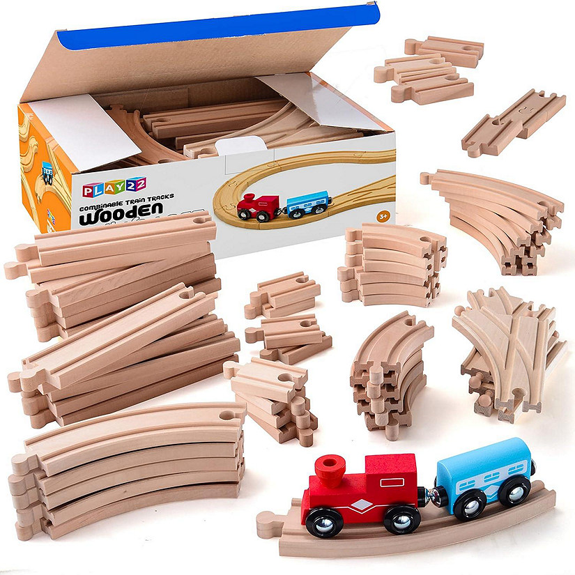 Wooden Train Tracks - 52 PCS Wooden Train Set Plus 2 Bonus Toy Trains - Train Toy Is Compatible with All Major Brands Image