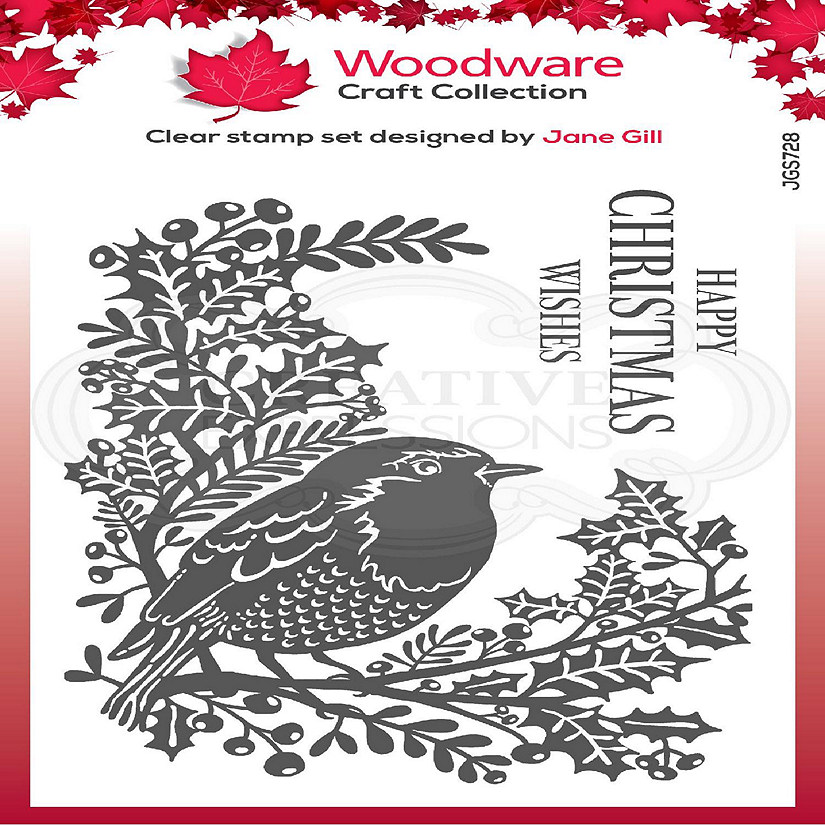 Woodware Craft Collection Woodware Clear Singles Lino Cut  Robin and Holly 4 in x 6 in Stamp Image