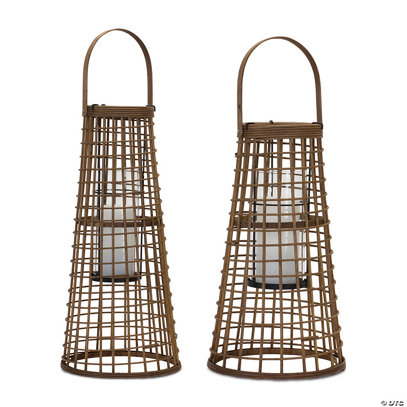 Woven Bamboo Lantern Candle Holder (Set Of 2) 23", 28"H Bamboo/Metal Image