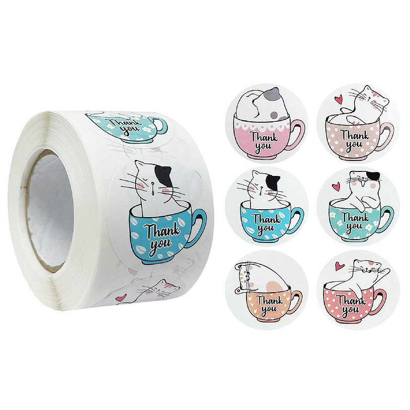 Wrapables 1.5" Thank You Stickers Roll, Sealing Stickers and Labels (500pcs), Kitties & Cups Image